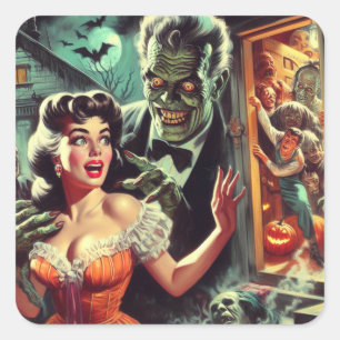 Adesivo Quadrado Ilustração Vintage Pulp Horror Girl