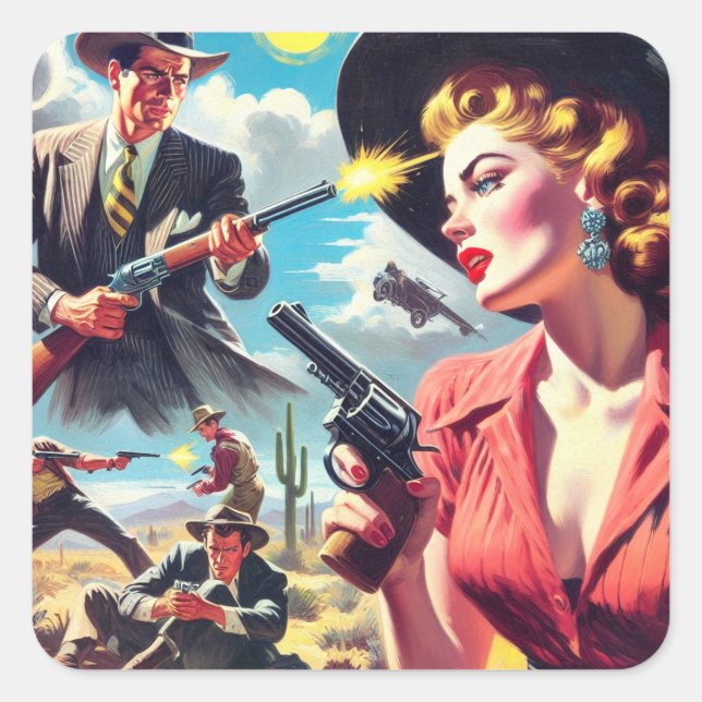 Adesivo Quadrado Ilustração Vintage Pulp Western (Frente)