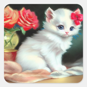 Adesivo Quadrado Ilustração Vintage White Kitten com Flores Vermelh