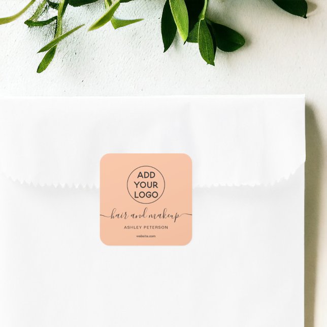 Adesivo Quadrado Imagem simples do cabelo de pêssego preto de logot (Logo black peach simple typography hair makeup square sticker)