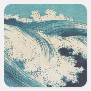 Adesivo Quadrado Impressão Antiga de Ondas do Oceano Azul em Xilogr