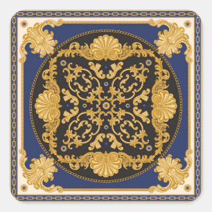 Adesivo Quadrado Impressão Bandana: Azul Negro Dourado.