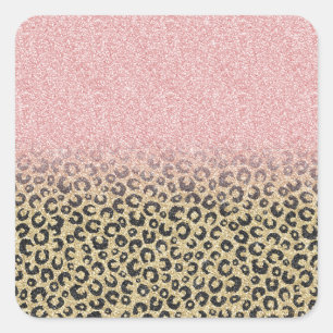 Adesivo Quadrado Impressão de Leopardo Preto Glitter Dourado Elega