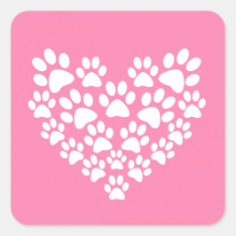 Adesivo Quadrado Impressão de pata rosa-coração-branca