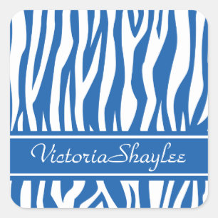 Adesivo Quadrado Impressão de Zebra Azul Denim com texto personali