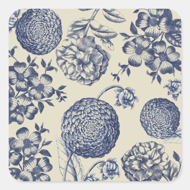 Adesivo Quadrado Impressão Flor Azul Antiquado Floral (Frente)