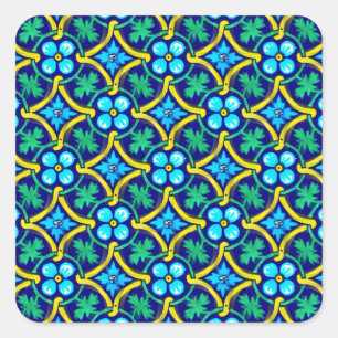 Adesivo Quadrado Impressão Floral Amarelo-Teal Design Mexicano