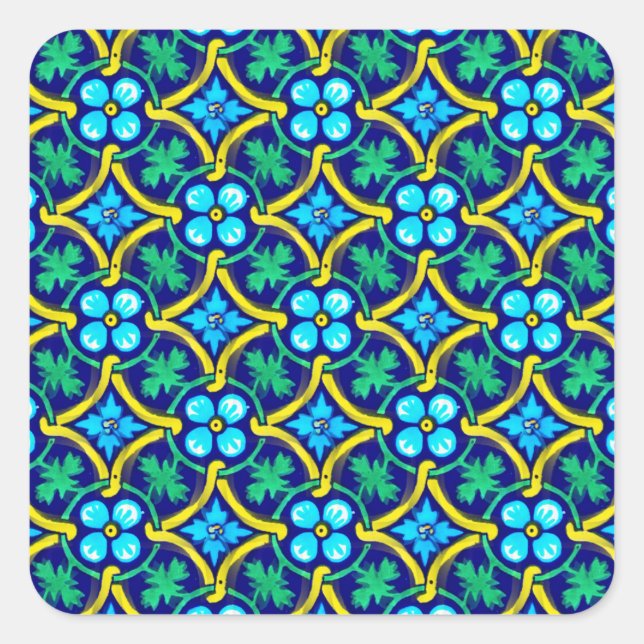 Adesivo Quadrado Impressão Floral Amarelo-Teal Design Mexicano (Frente)