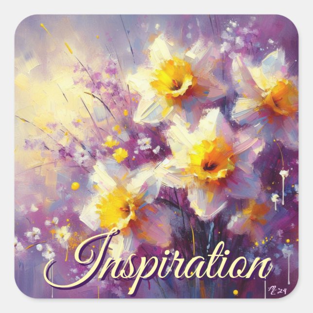 Adesivo Quadrado Impressionista Daffodil Floral Purple Yellow Art (Frente)