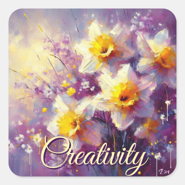 Adesivo Quadrado Impressionista Daffodil Floral Purple Yellow Art (Frente)