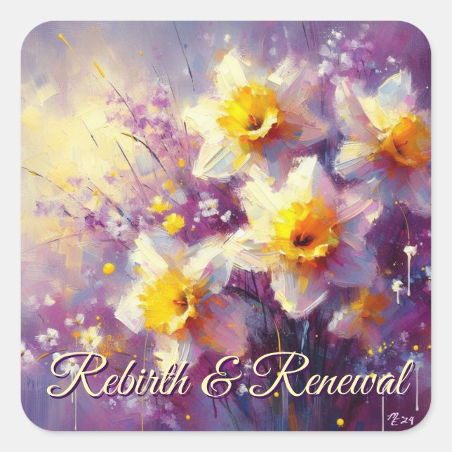 Adesivo Quadrado Impressionista Daffodil Floral Purple Yellow Art (Frente)