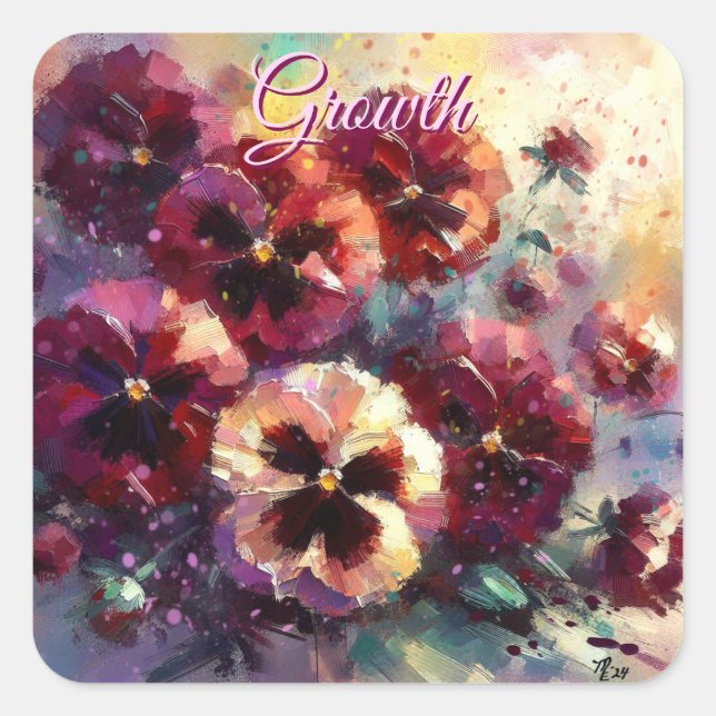 Adesivo Quadrado Impressionista Maroon Pansies Floral Pintura (Frente)