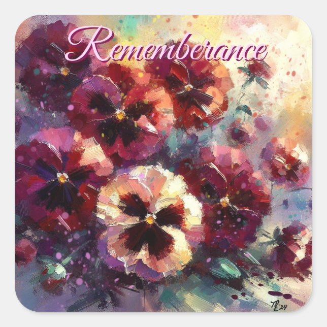 Adesivo Quadrado Impressionista Maroon Pansies Floral Pintura (Frente)