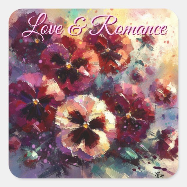Adesivo Quadrado Impressionista Maroon Pansies Floral Pintura (Frente)