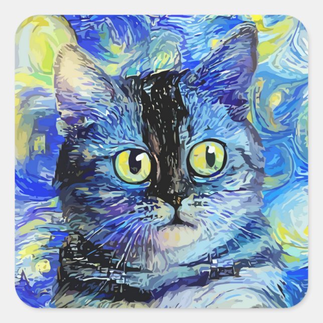 Adesivo Quadrado Impressionista Starry Night Tabby Cat Portrait (Frente)