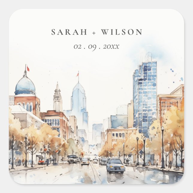 Adesivo Quadrado Indianapolis, Indiana Watercolor Landscape Wedding (Frente)