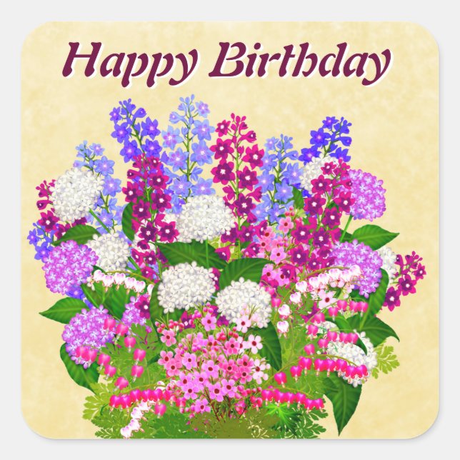 Adesivo Quadrado Inglês Garden Flowers Happy Birthday Sticker (Frente)