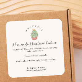 Adesivo Quadrado Ingrediente de Padaria Árvore de Natal Aquarela Rú