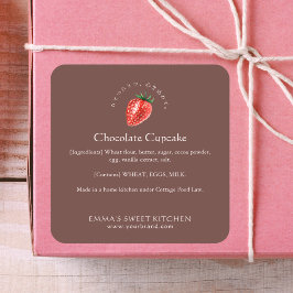 Adesivo Quadrado Ingrediente de Padaria de Morango Marrom Elegante