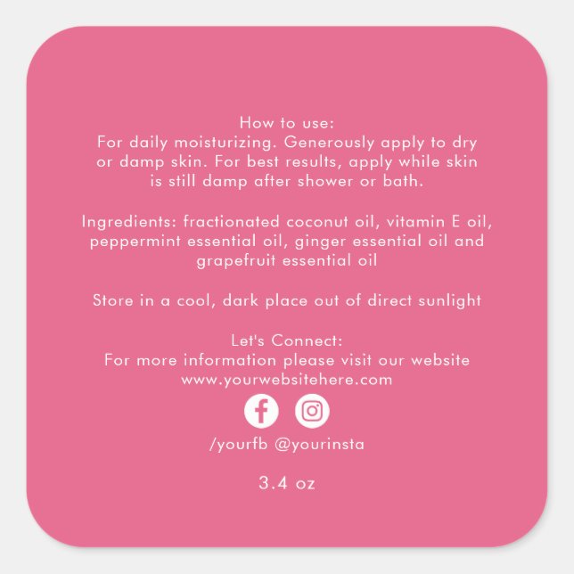 Adesivo Quadrado Ingredientes de Produtos de Beleza Orgânicos para  (Frente)