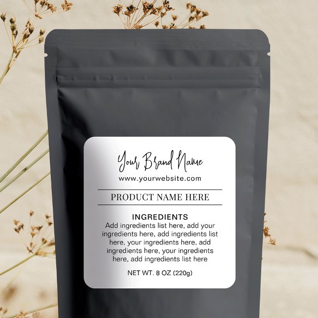 Adesivo Quadrado Ingredientes de produtos para encapsulamento preto (Complete your business packaging design with these simple product ingredients stickers)