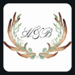 Adesivo Quadrado Iniciais de Aquarela de Antler e Vinha<br><div class="desc">Por Honey & Birch Studios</div>