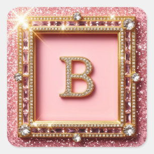 Adesivo Quadrado Inicial de Diamante B Monograma com Moldura Dourad