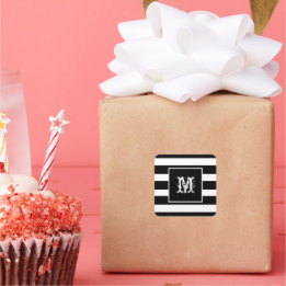 Adesivo Quadrado Inicial de Monograma Chique Elegante Legal Preto e