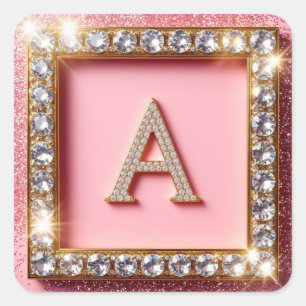 Adesivo Quadrado Inicial Diamante A Moldura Dourada Monograma Brilh