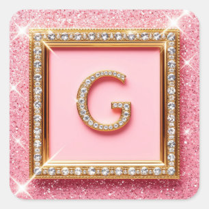 Adesivo Quadrado Inicial Diamante G Moldura Dourada Monograma Brilh