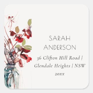 Adesivo Quadrado Inky Red Green Vintage Boho Florals Address