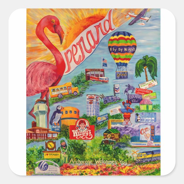 Adesivo Quadrado Inscrição Sunny Spenard Alaska (Frente)