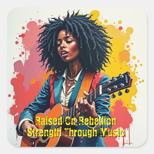 Adesivo Quadrado Inspiração de Arte Guitarista de Mulher Negra Pers (Frente)