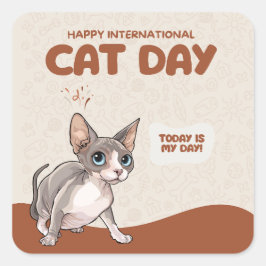 Adesivo Quadrado International Cat Day Sphynx Celebration Art