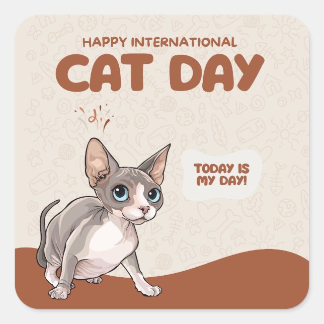 Adesivo Quadrado International Cat Day Sphynx Celebration Art (Frente)
