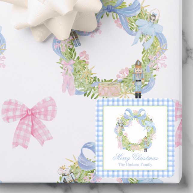 Adesivo Quadrado Invólucro de Wreath do Noturcracker de Watercolor  (Criador carregado)