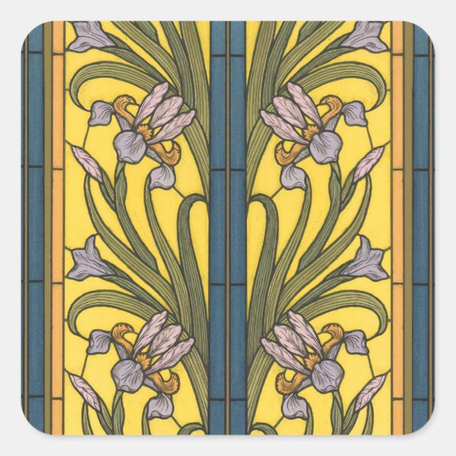 Adesivo Quadrado Iris Flower Art Nouveau Vidro Estampado Azul Doura (Frente)