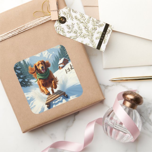 Adesivo Quadrado Irish Setter Sledding Adventure Christmas Painting (Presentear)