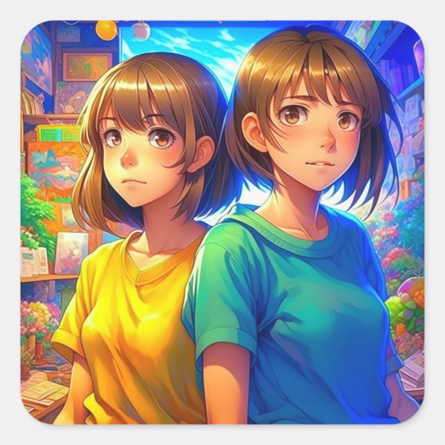 Adesivo Quadrado Irmãs Gêmeas | Meninas de anime (Frente)