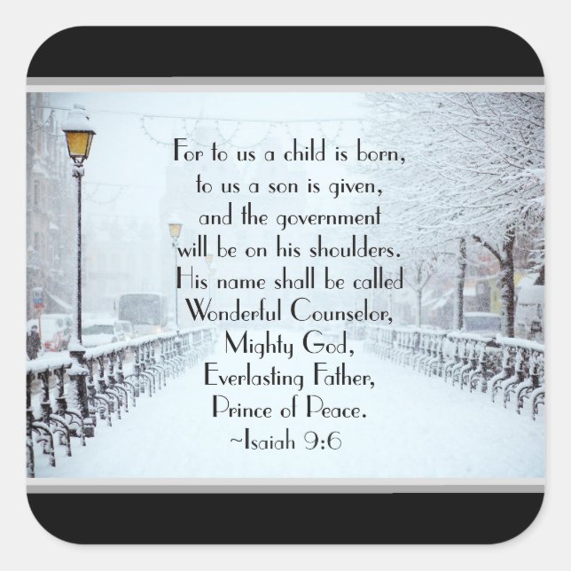 Adesivo Quadrado Isaiah 9:6 Para nós uma Criança é Nascer, Natal (Frente)