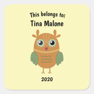 Adesivo Quadrado Isto pertence ao Amarelo da Coruja Marrom da Escol