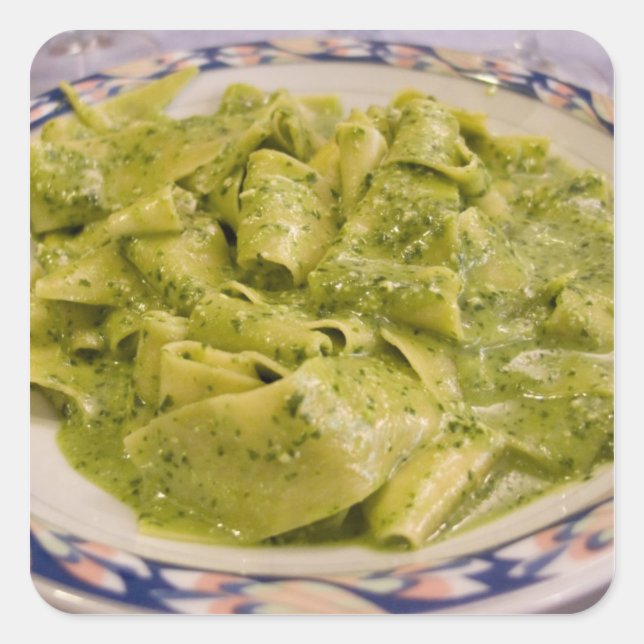 Adesivo Quadrado Itália, Camogli Placa de massas com pesto (Frente)