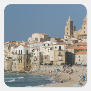 Adesivo Quadrado Itália, Sicília, Cefalu, Cidade View com Duomo d