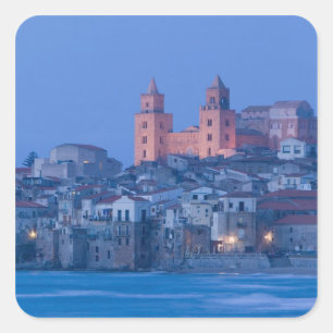 Adesivo Quadrado Itália, Sicília, Cefalù, Vista com Duomo a partir