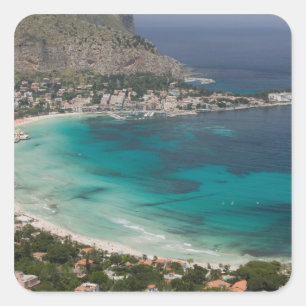 Adesivo Quadrado Itália, Sicília, Mondello, Vista da praia de