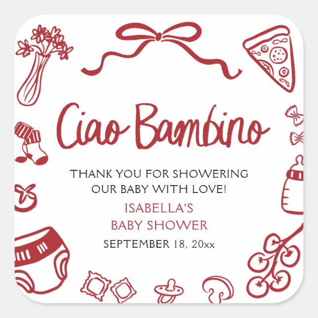 Adesivo Quadrado Italian Hand Drawn Pizza Ciao Bambino Baby Shower (Frente)