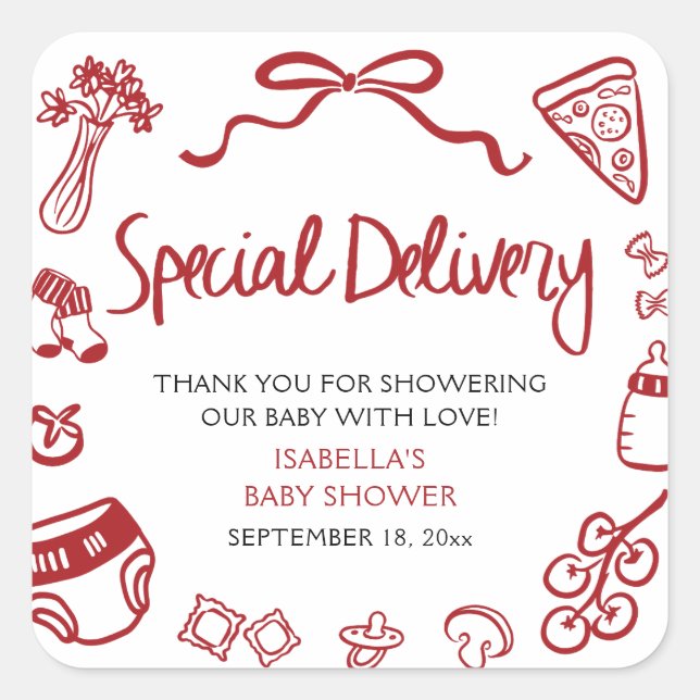 Adesivo Quadrado Italian Hand Drawn Special Delivery Baby Shower (Frente)