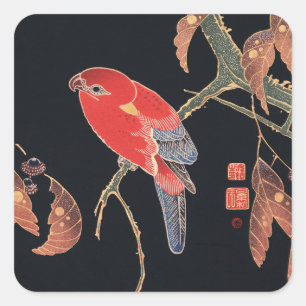 Adesivo Quadrado Ito Jakuchu Papagaio Vermelho no Galho Arte Japone