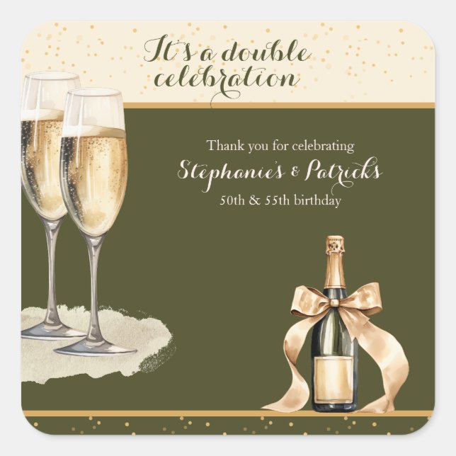 Adesivo Quadrado It's a Double Celebration Green Champagne Birthday (Frente)