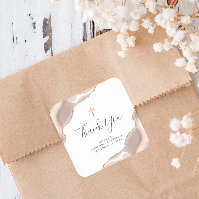 Adesivo Quadrado Ivory Agate Dourado Glitter Primeira Comunhão Sagr (Criador carregado)